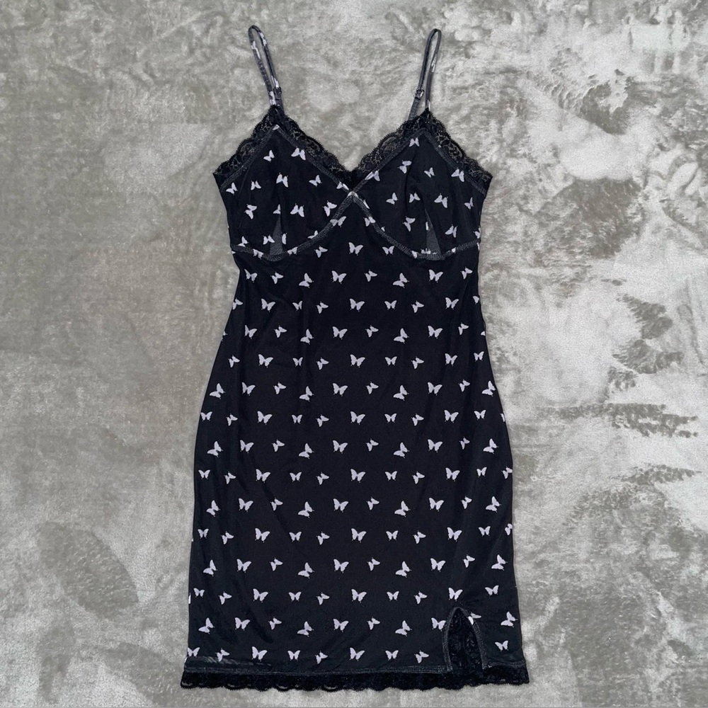 Wild Fable Butterfly Print Slip Mini Dress Black Y2K Lace Trim Size Small